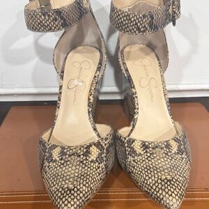 Jessica Simpson Snake-Print Ankle-Strap Wedge Pumps in Taupe and Black